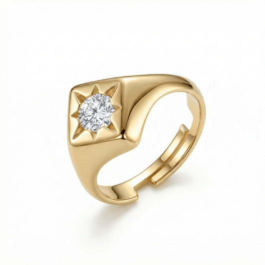 North Star Signet Ring in 18K Gold Vermeil with CZ Diamond. Tarnish-resistant, perfect for daily wear.