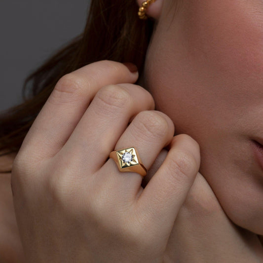 Close detail of the North Star Signet Ring in 18K Gold Vermeil with CZ Diamond. Hypoallergenic, no green marks, premium.