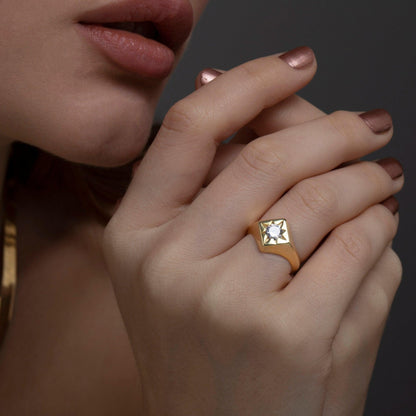 North Star Signet Ring in Glamour Jewelry House gift box — 18K Gold Vermeil graduation gift. Hypoallergenic, no green marks.