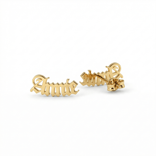 Old English Name Earrings in 18K Gold Vermeil. No green marks, perfect for daily wear.