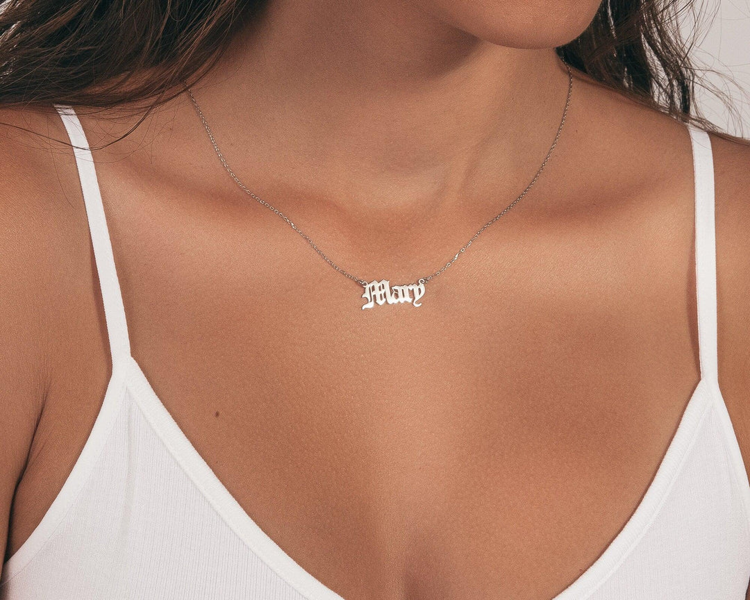 Old English Name Necklace in Glamour Jewelry House gift box — 18K Gold Vermeil wedding gift. Tarnish-resistant.