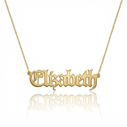 Old English Name Necklace in 18K Gold Vermeil. Tarnish-resistant, perfect for daily wear.