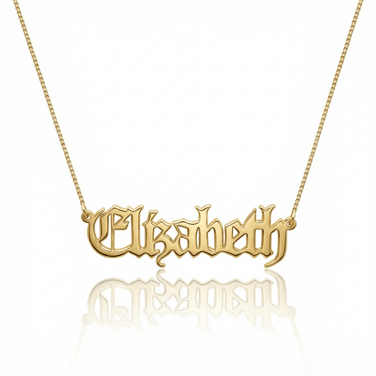 Old English Name Necklace in 18K Gold Vermeil. Tarnish-resistant, perfect for daily wear.