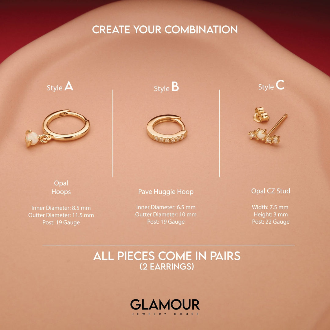 The Opal Earring Set styled in 18K Gold Vermeil — elegant everyday jewelry. Hypoallergenic for sensitive ears.