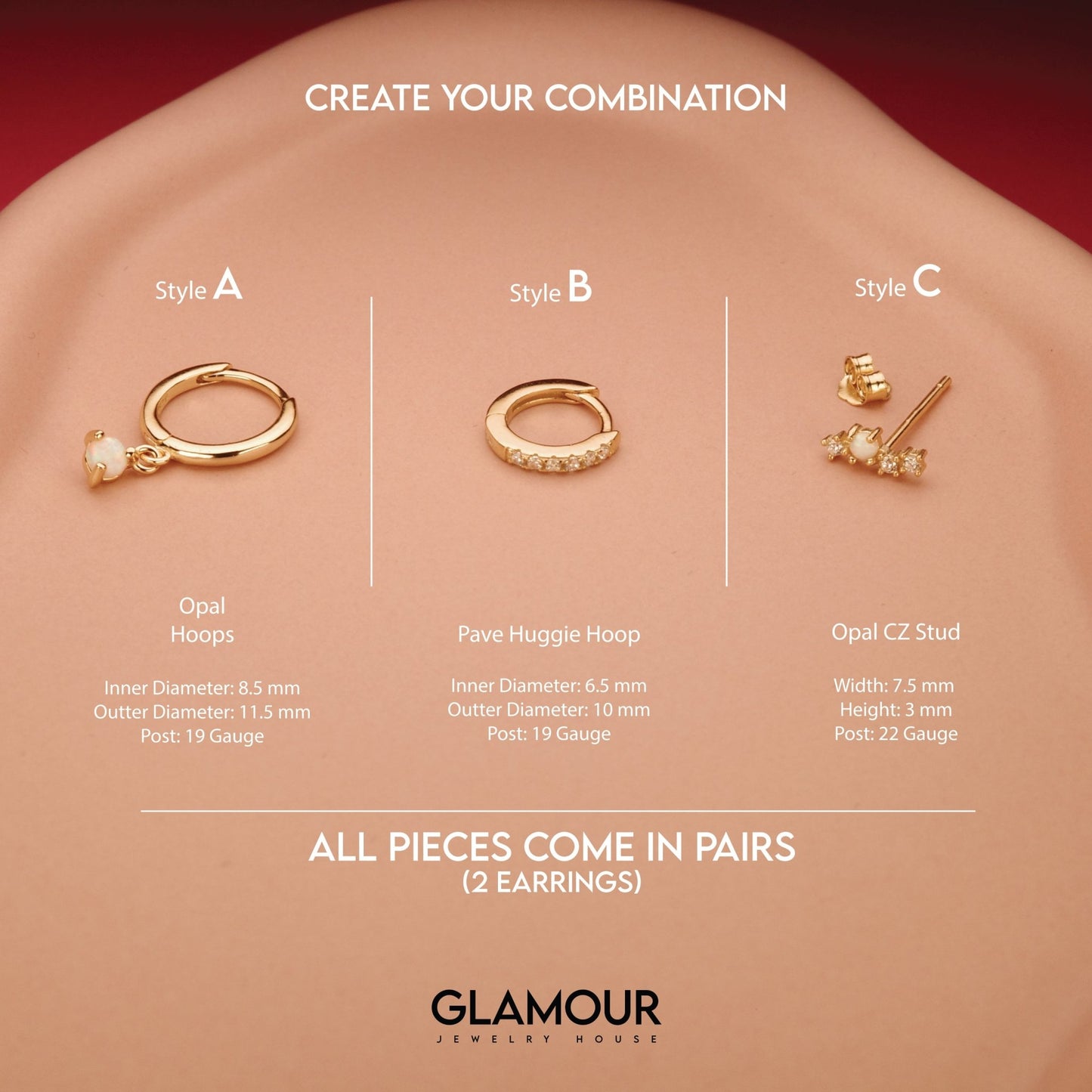The Opal Earring Set styled in 18K Gold Vermeil — elegant everyday jewelry. Hypoallergenic for sensitive ears.
