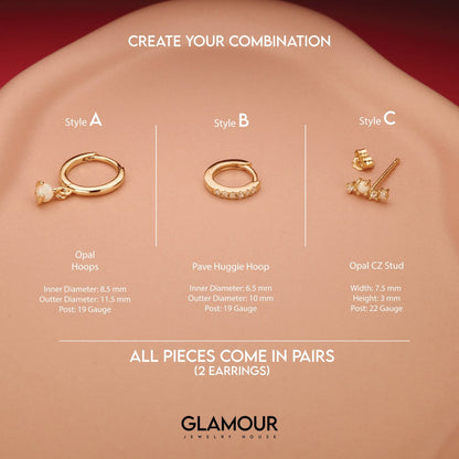 The Opal Earring Set styled in 18K Gold Vermeil — elegant everyday jewelry. Hypoallergenic for sensitive ears.