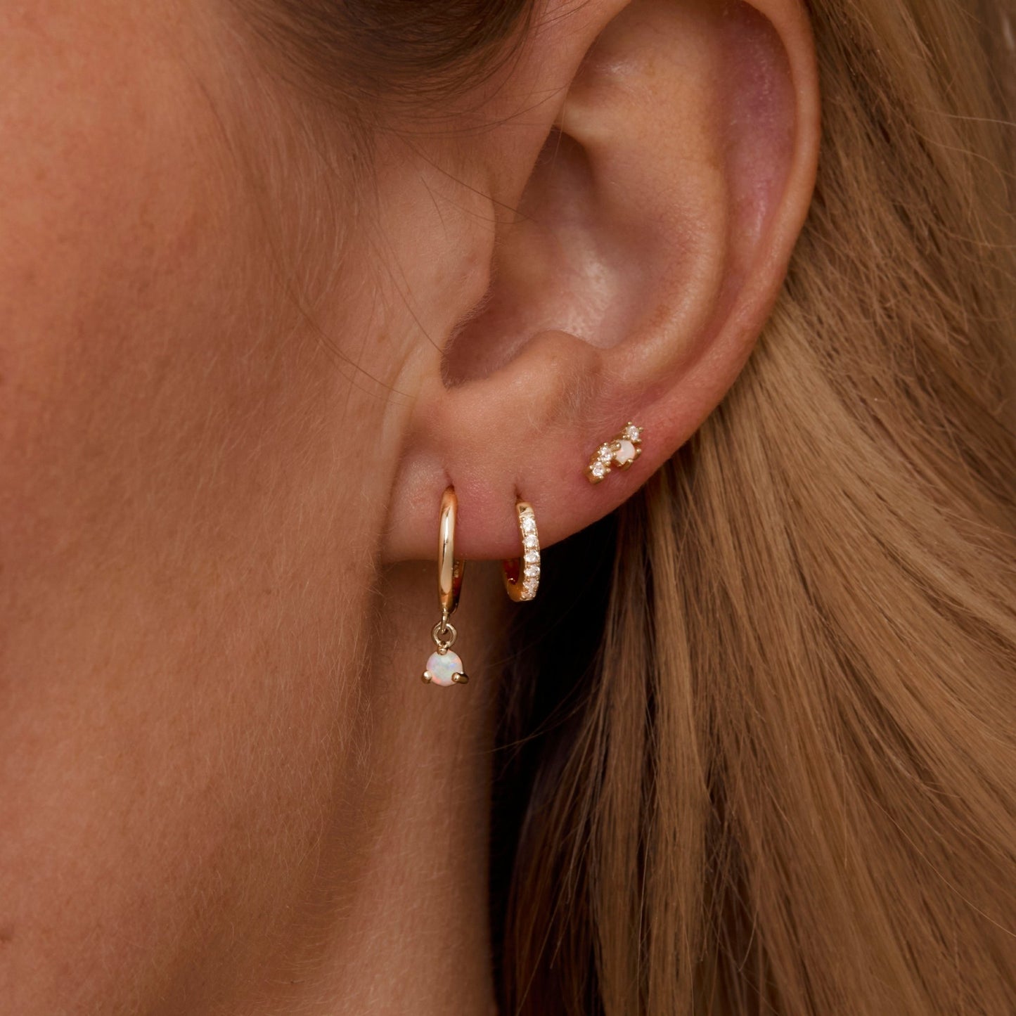 Close detail of the Opal Earring Set in 18K Gold Vermeil with Opal. Tarnish-resistant, premium handmade jewelry.