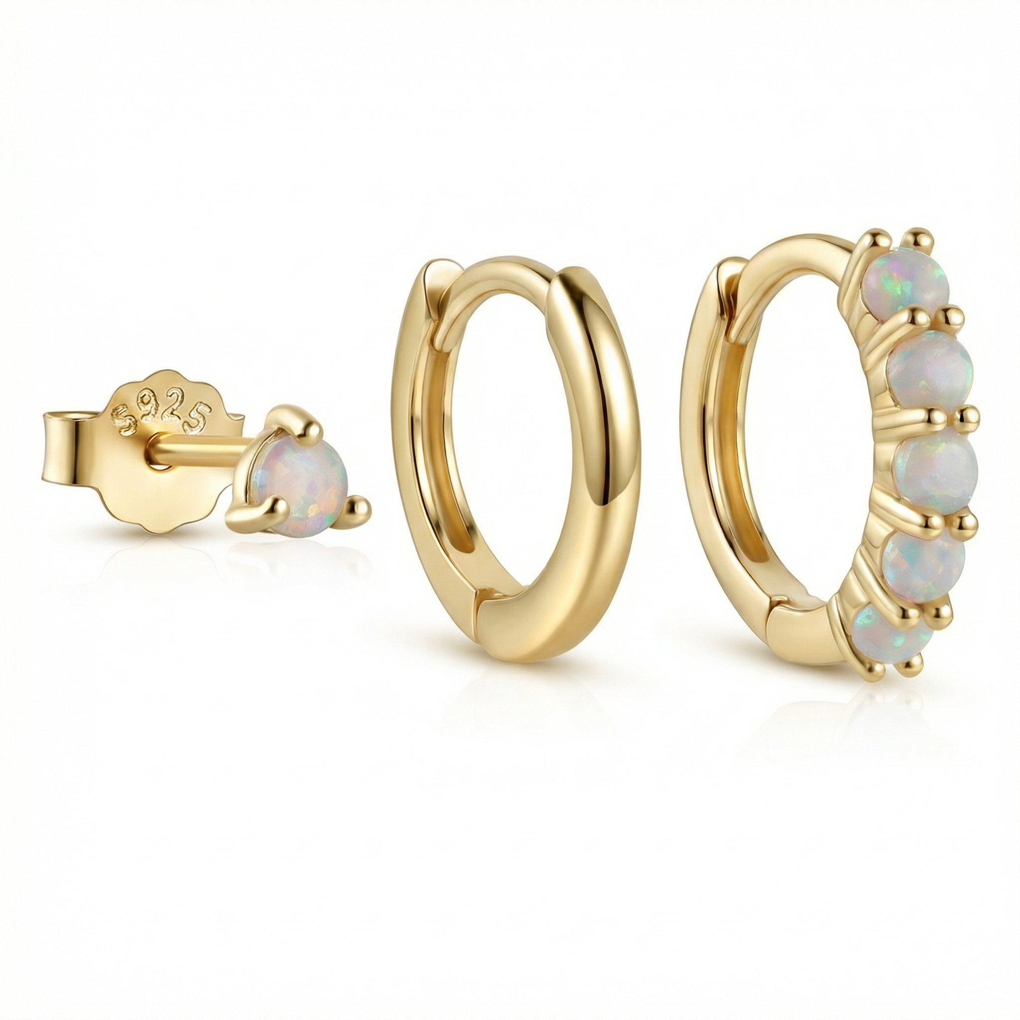 Opal Hoops Studs Earring Set in 18K Gold Vermeil with Opal. No green marks, perfect for daily wear.