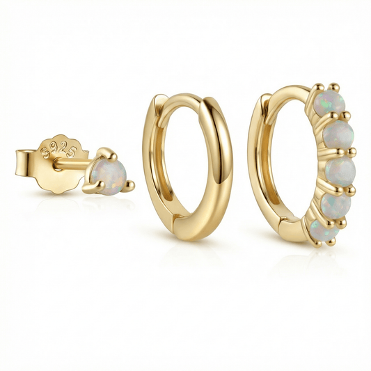 Opal Hoops Studs Earring Set in 18K Gold Vermeil with Opal. No green marks, perfect for daily wear.