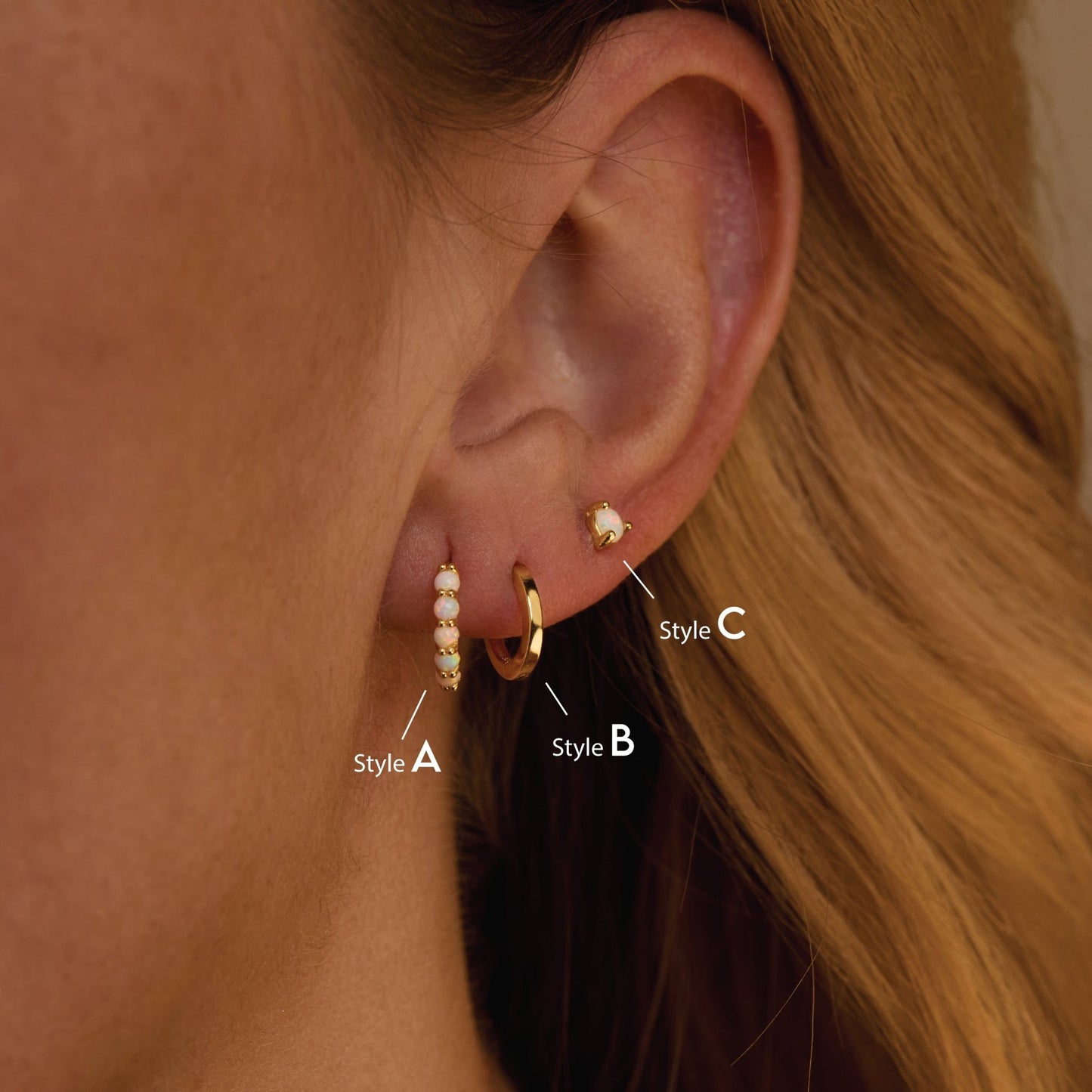 The Opal Hoops Studs Earring Set styled in 18K Gold Vermeil — elegant everyday jewelry. Hypoallergenic for sensitive ears.