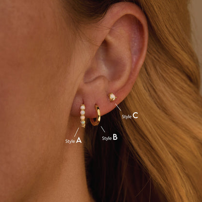 The Opal Hoops Studs Earring Set styled in 18K Gold Vermeil — elegant everyday jewelry. Hypoallergenic for sensitive ears.