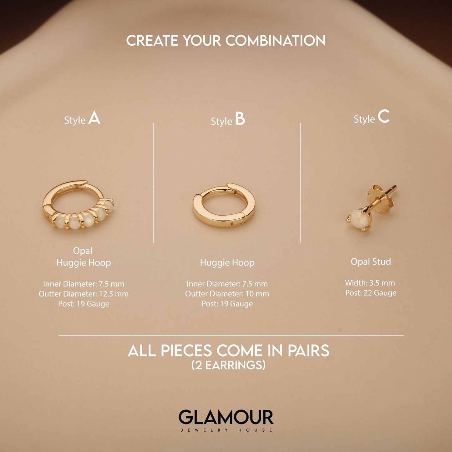 Opal Hoops Studs Earring Set in Glamour Jewelry House gift box — 18K Gold Vermeil graduation gift. No green marks.
