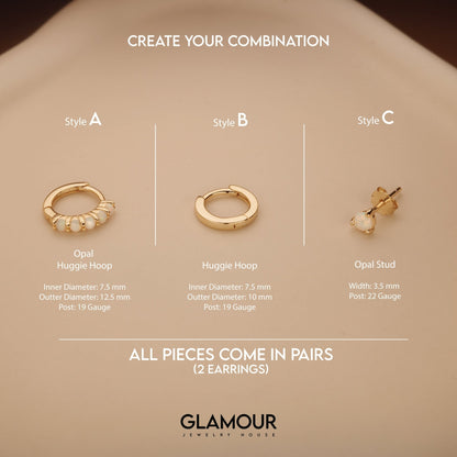 Opal Hoops Studs Earring Set in Glamour Jewelry House gift box — 18K Gold Vermeil graduation gift. No green marks.