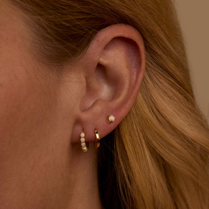 Close detail of the Opal Hoops Studs Earring Set in 18K Gold Vermeil with Opal. Tarnish-resistant, premium handmade jewelry.