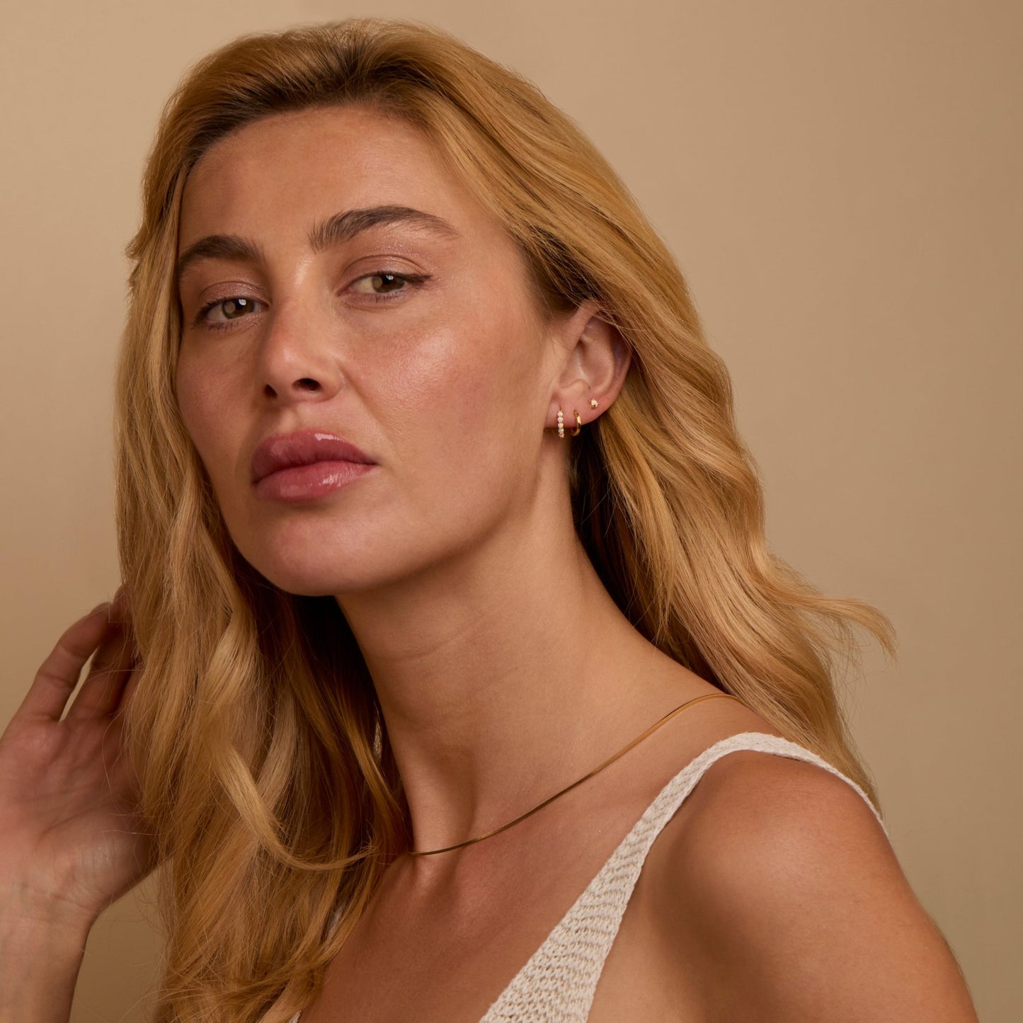Opal Hoops Studs Earring Set styled with complementary pieces in 18K Gold Vermeil. Hypoallergenic for sensitive ears.