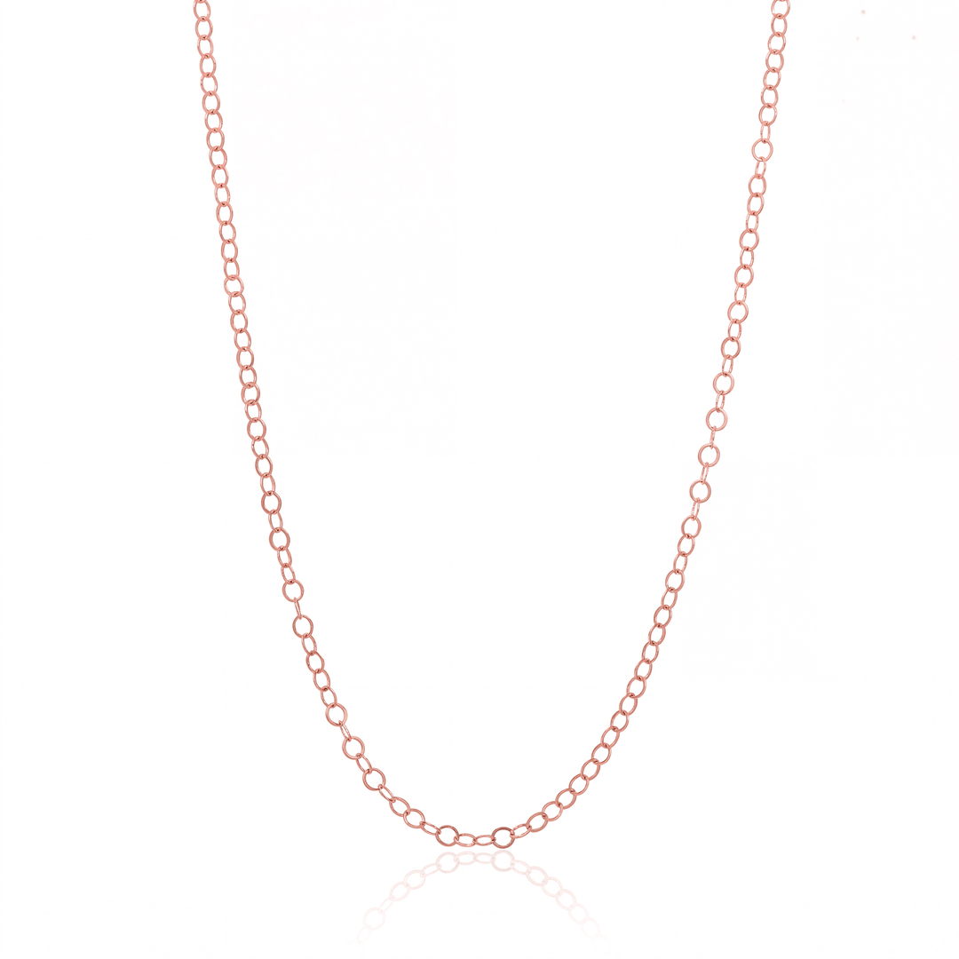 Rose gold oval cable chain necklace, 3 mm oval link chain on white background