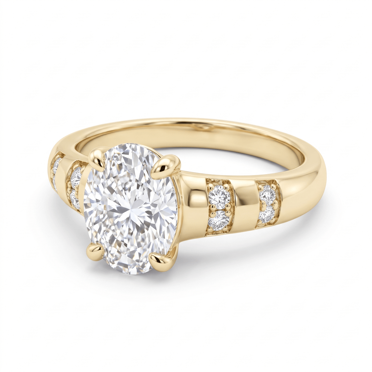 Angled view showing the pavé-set round CZ bands on the 14K solid gold shoulders