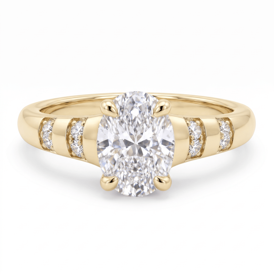 Front view of the oval-cut CZ solitaire ring with pavé shoulders in 14K solid yellow gold