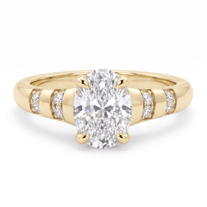 Front view of the oval-cut CZ solitaire ring with pavé shoulders in 14K solid yellow gold