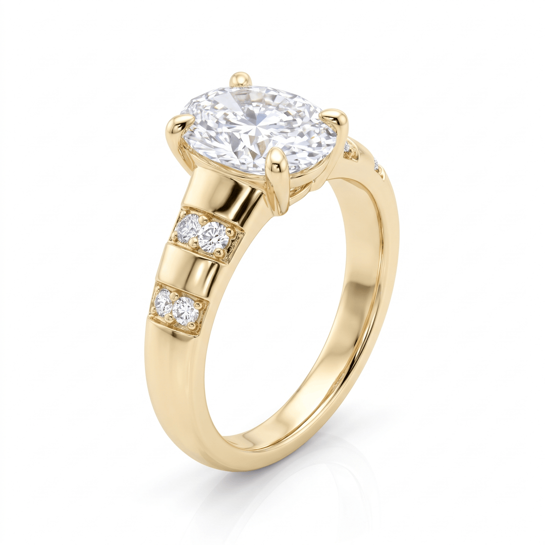 Oval solitaire pavé ring in 14K solid gold standing upright, four-prong setting