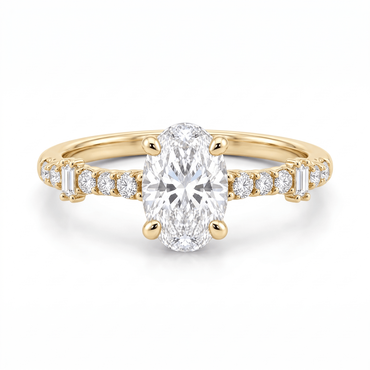 Front view of the oval-cut CZ solitaire ring in 14K solid yellow gold