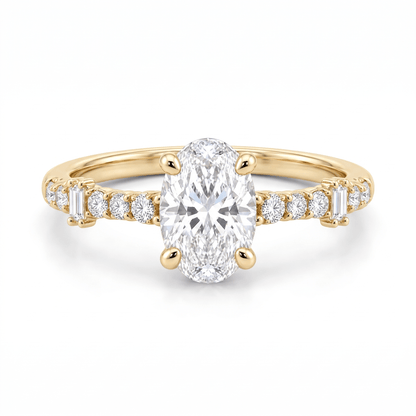 Front view of the oval-cut CZ solitaire ring in 14K solid yellow gold