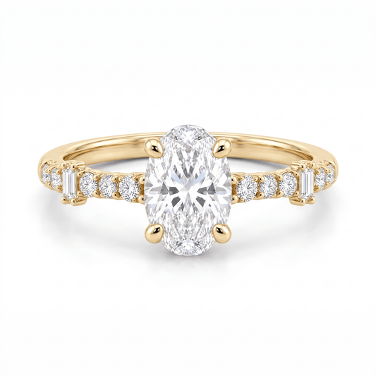 Front view of the oval-cut CZ solitaire ring in 14K solid yellow gold
