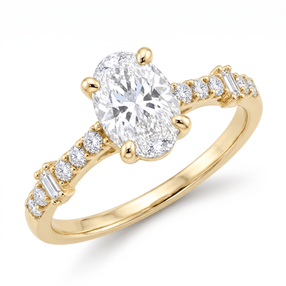 Oval solitaire ring in 14K solid gold with an oval-cut CZ and round and baguette accents