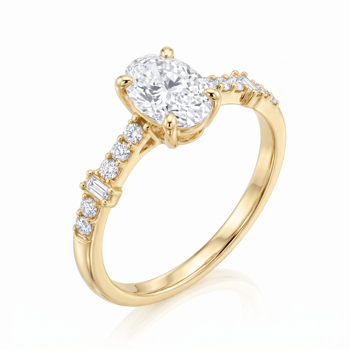 Oval solitaire ring in 14K solid gold standing upright, four-prong setting