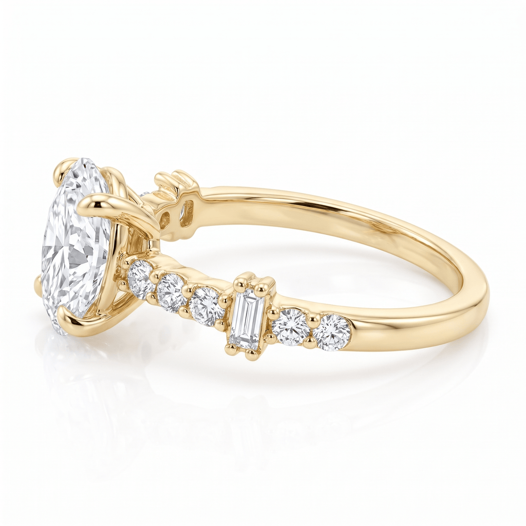 Side view showing the round and baguette CZ accents on the 14K solid gold band