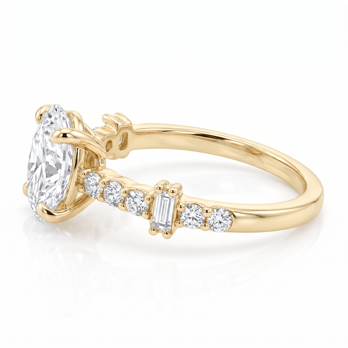 Side view showing the round and baguette CZ accents on the 14K solid gold band