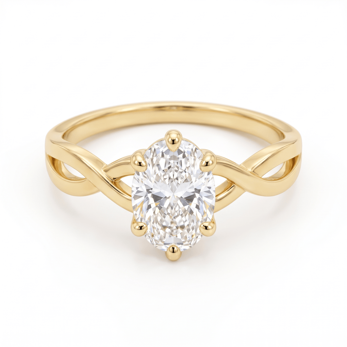Front view of the oval-cut CZ solitaire twist ring in 14K solid yellow gold
