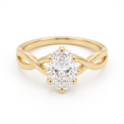 Front view of the oval-cut CZ solitaire twist ring in 14K solid yellow gold
