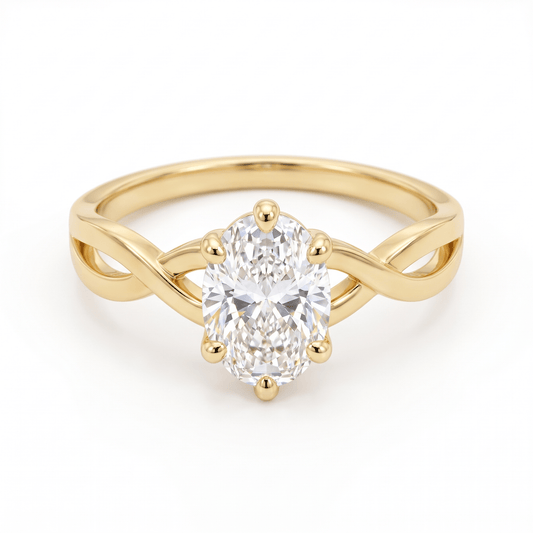 Front view of the oval-cut CZ solitaire twist ring in 14K solid yellow gold