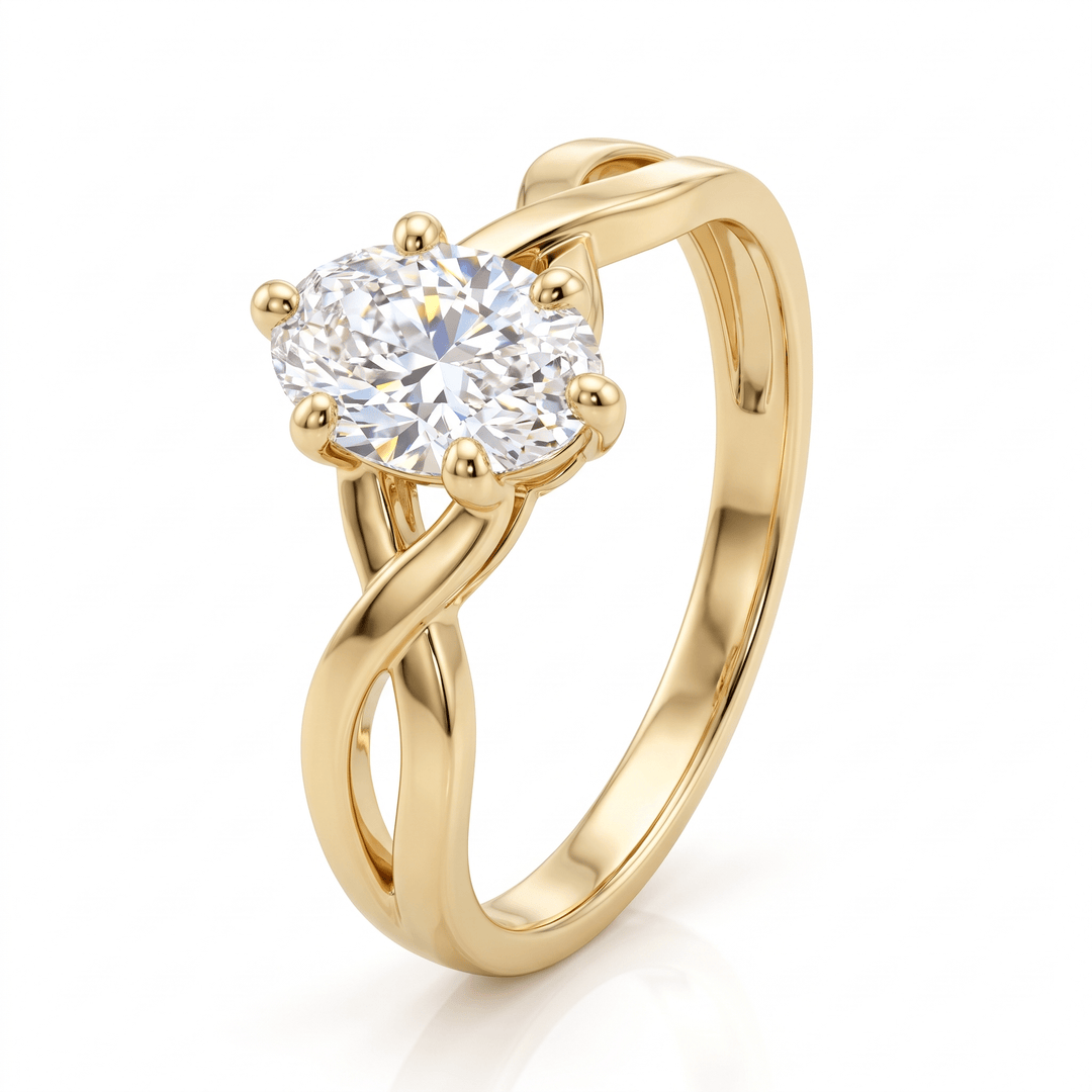 Oval solitaire twist ring in 14K solid gold standing upright, six-prong setting