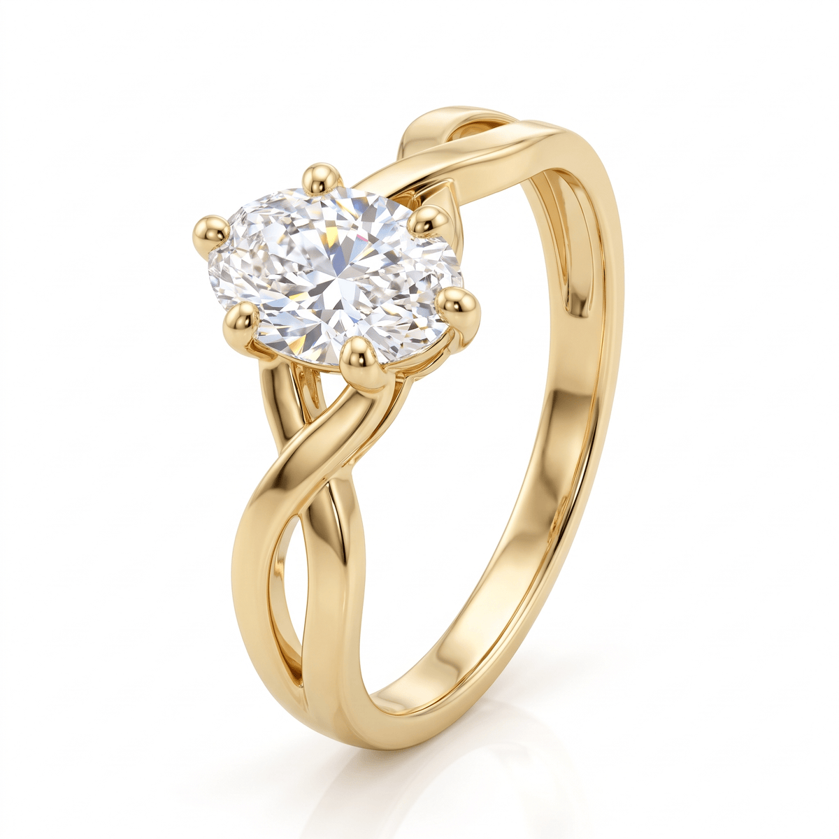Oval solitaire twist ring in 14K solid gold standing upright, six-prong setting