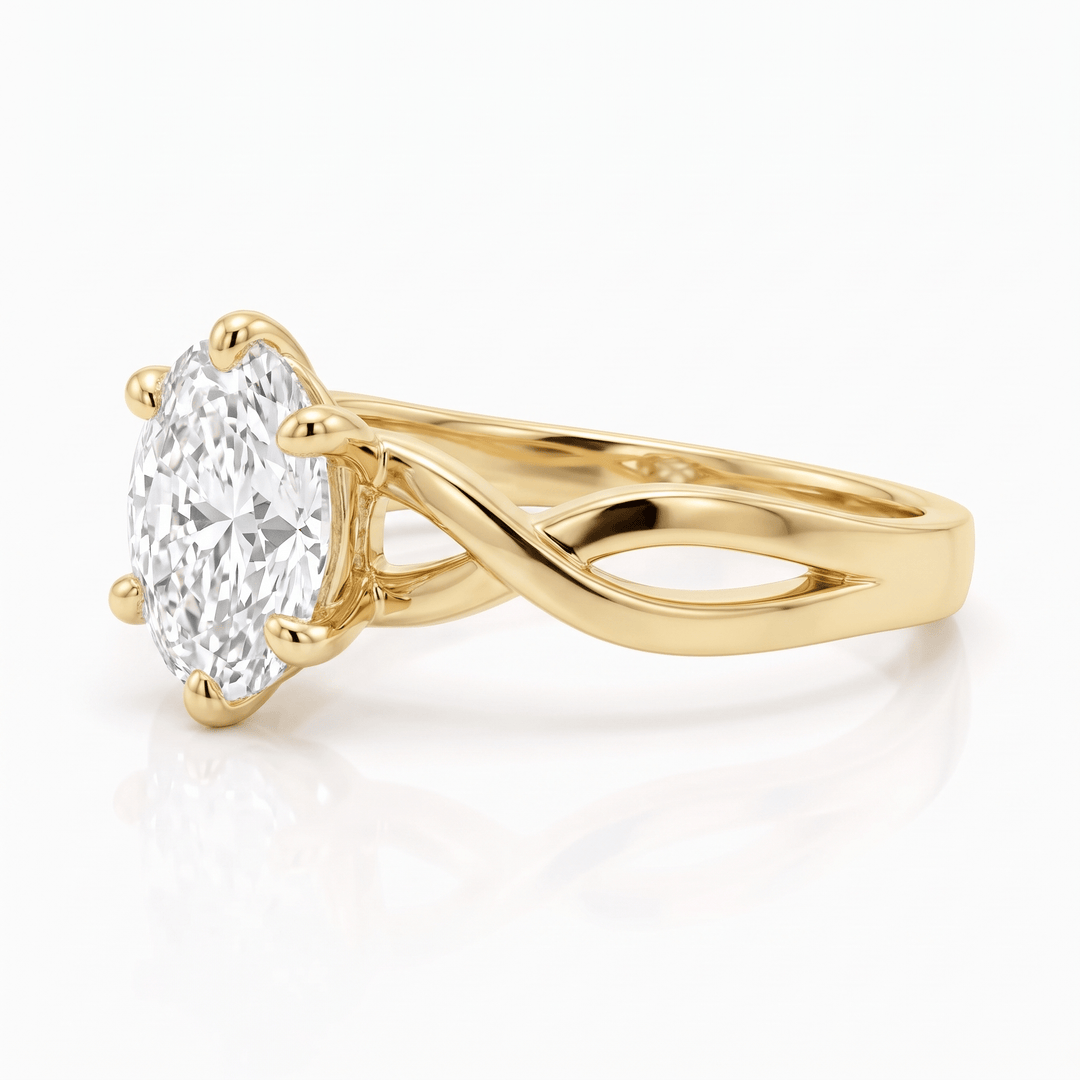 Side view showing the two crossing strands of the 14K solid gold twist band