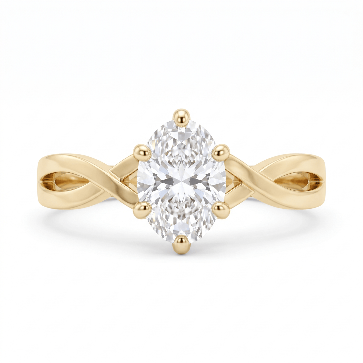 Top view of the oval-cut CZ in six prongs on the 14K solid gold twist band