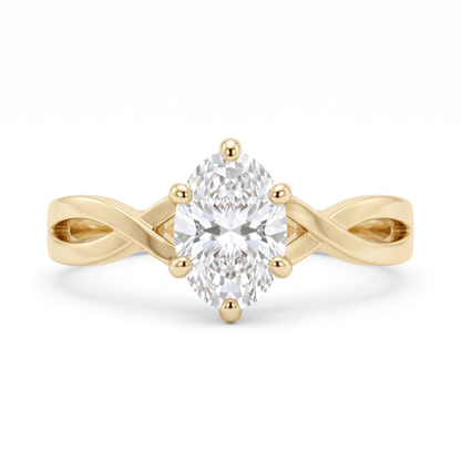 Top view of the oval-cut CZ in six prongs on the 14K solid gold twist band