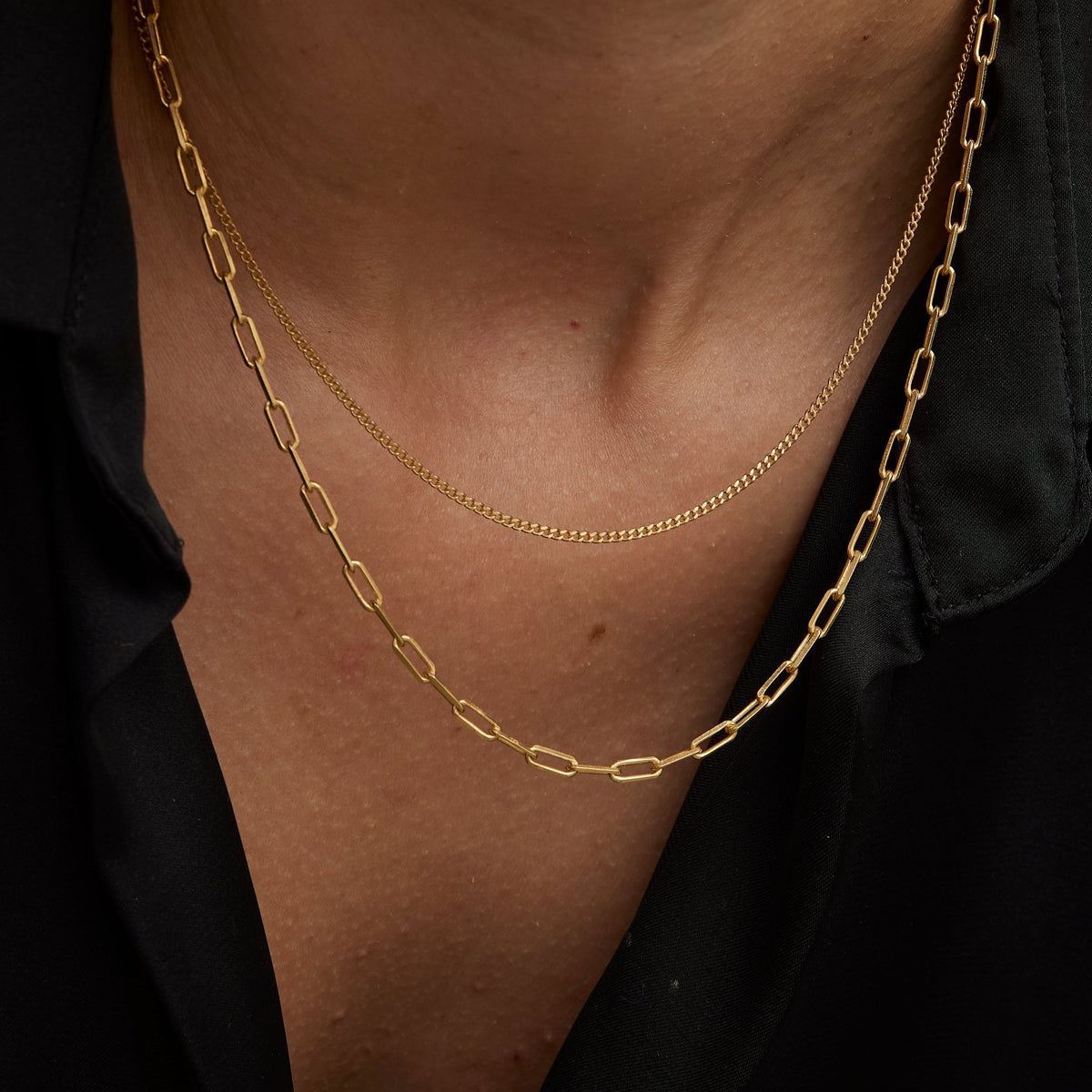 Layered chain necklace look with the gold paperclip chain