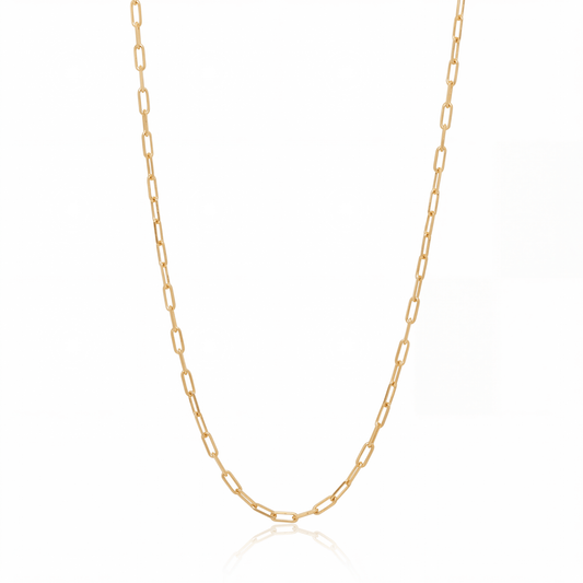 Paperclip chain necklace in 18K gold, 2.5 mm elongated link chain on white background