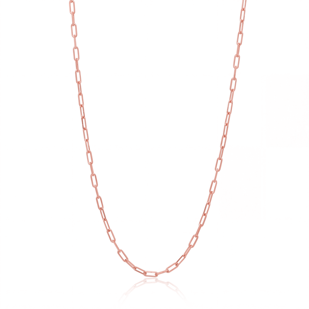 Rose gold paperclip chain necklace, 2.5 mm elongated link chain on white background