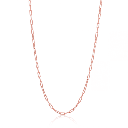 Rose gold paperclip chain necklace, 2.5 mm elongated link chain on white background