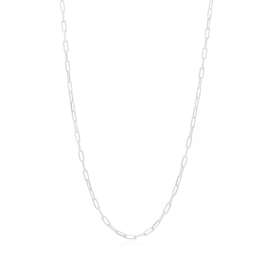 Silver paperclip chain necklace, 2.5 mm elongated link chain on white background