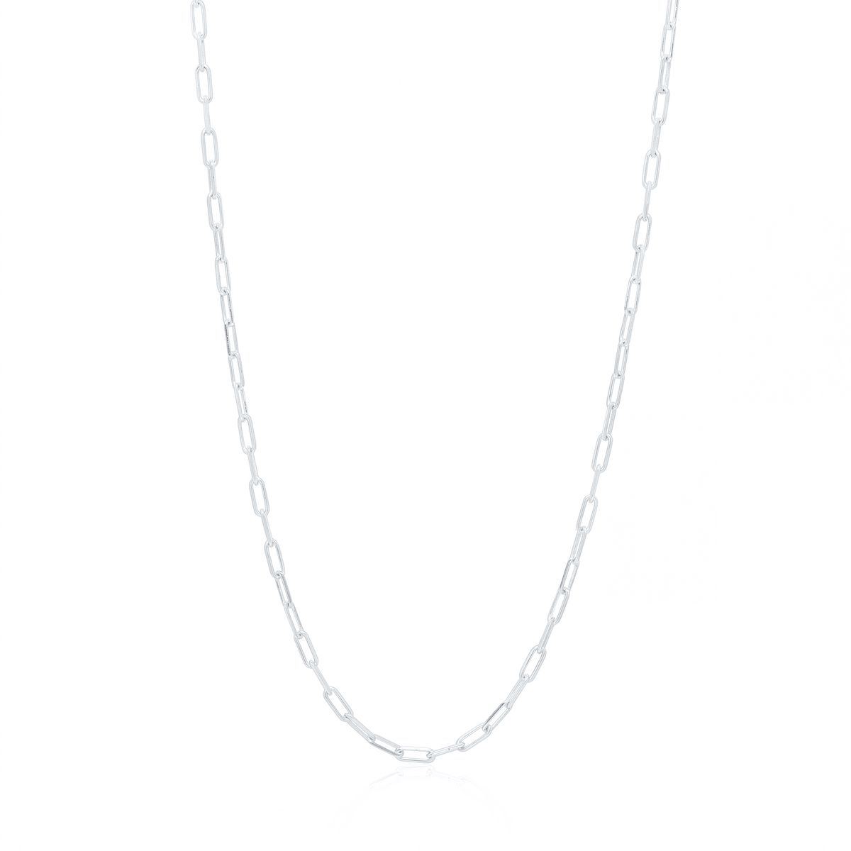 Silver paperclip chain necklace, 2.5 mm elongated link chain on white background
