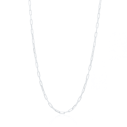 Silver paperclip chain necklace, 2.5 mm elongated link chain on white background