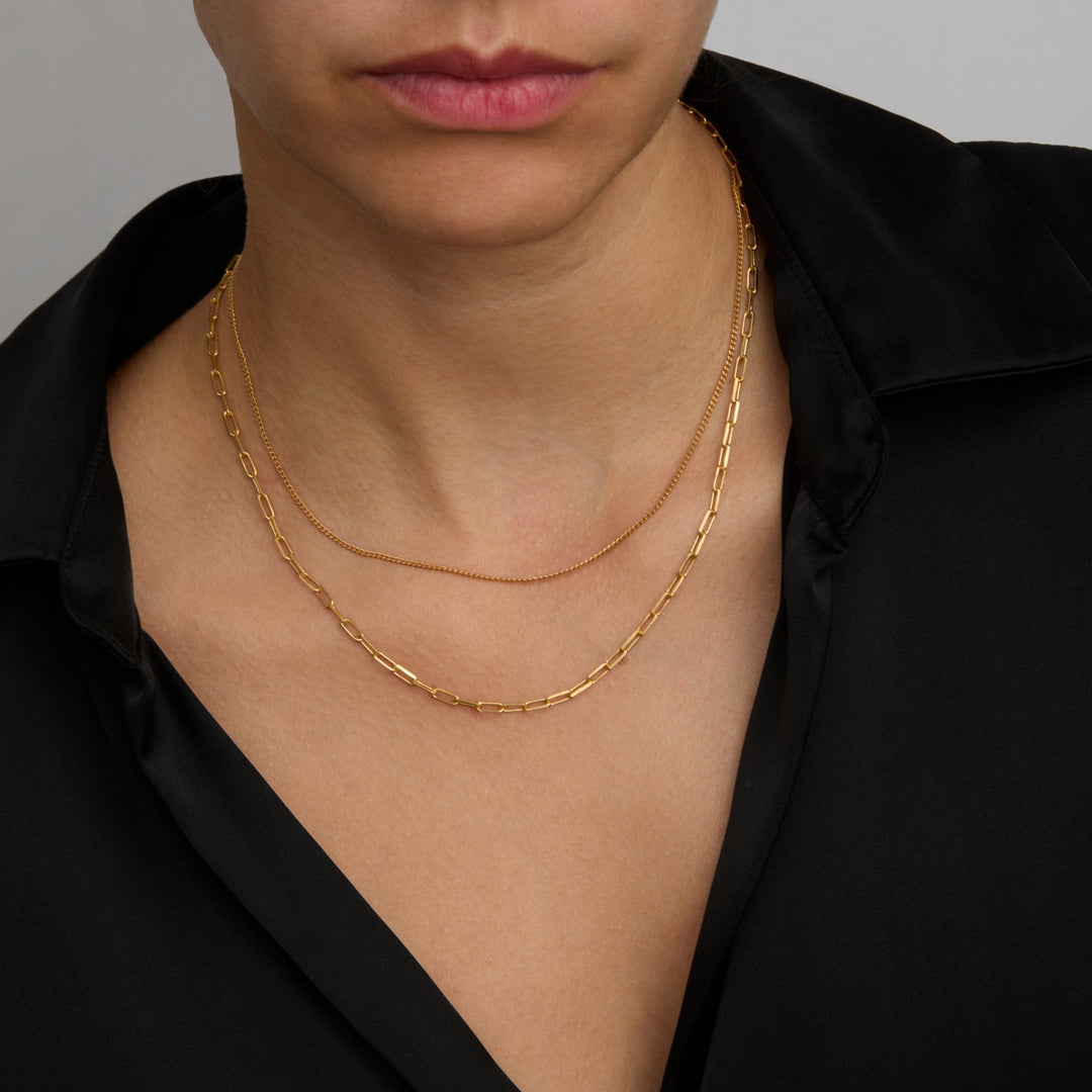 Gold paperclip chain necklace worn on the neck
