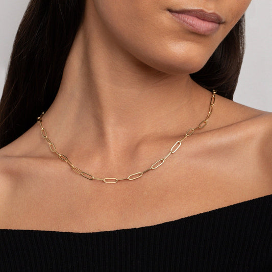 Close detail of the Paperclip Necklace in Gold-Plated Steel. Safe for sensitive skin, premium handmade jewelry.