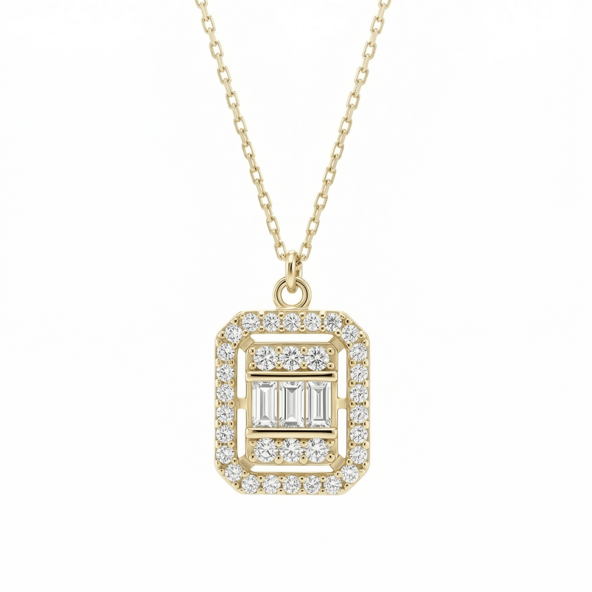 Pavé Baguette Necklace in 14K solid gold: three baguette CZ in a frame of round CZ on a rectangular pendant.