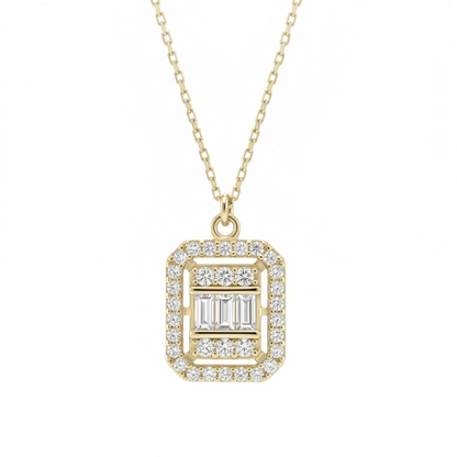 Pavé Baguette Necklace in 14K solid gold: three baguette CZ in a frame of round CZ on a rectangular pendant.